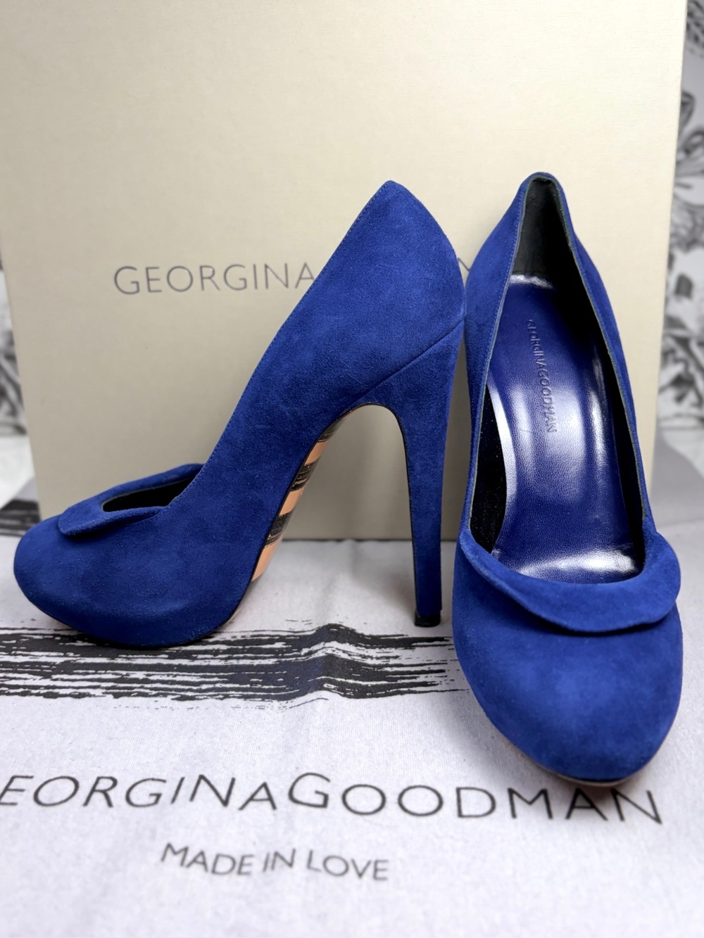 Georgina Goodman “Ocean 2” Blue Suede 5.5” Platform Pumps, Szs 37, 38.5 & 39.5